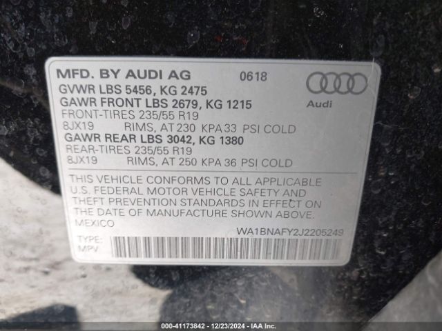 WA1BNAFY2J2205249 Audi Q5 2.0t Premium/2.0t Tech Premium