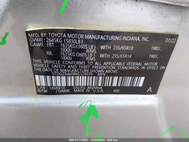 5TDGZRAH9NS129579 Toyota Highlander Xle