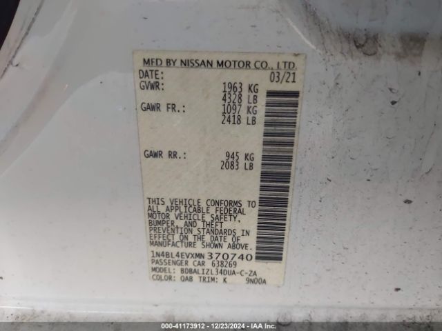 1N4BL4EVXMN370740 Nissan Altima Sl Fwd