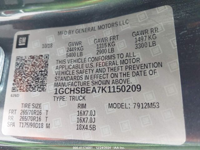 1GCHSBEA7K1150209 Chevrolet Colorado Wt