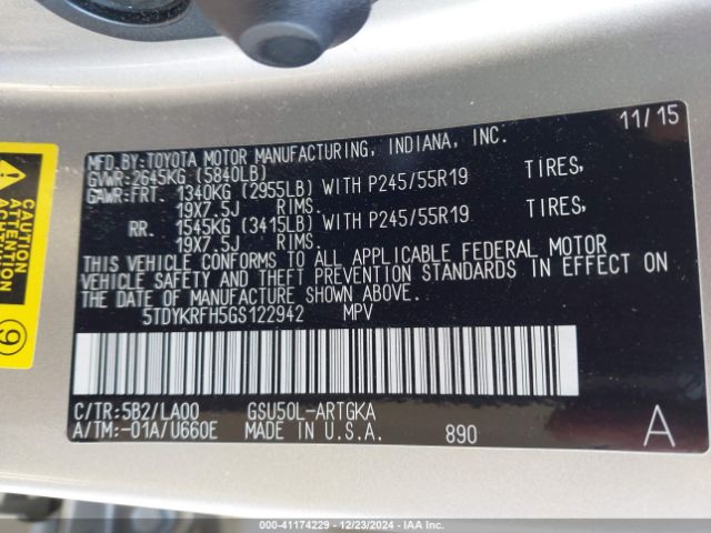 5TDYKRFH5GS122942 Toyota Highlander Limited V6