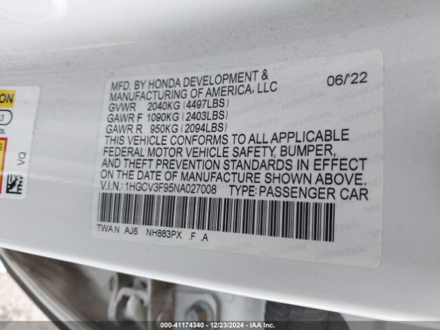 1HGCV3F95NA027008 Honda Accord Hybrid Touring