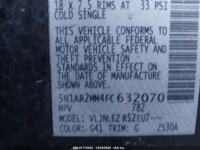 5N1AR2MM4FC632070 Nissan Pathfinder Platinum/s/sl/sv