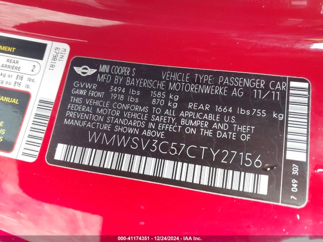 2012 MINI COOPER S WMWSV3C57CTY27156 Photo 8