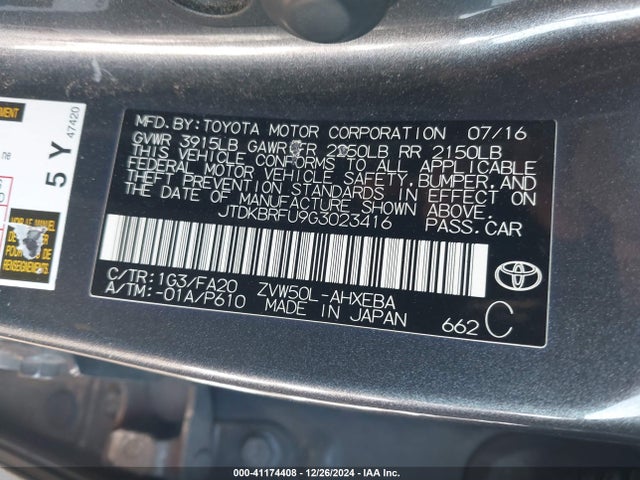 JTDKBRFU9G3023416 Toyota Prius Two