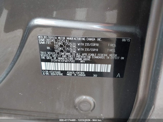 Toyota Rav4 Limited 2015 2T3YFREV2FW217502 Image 9