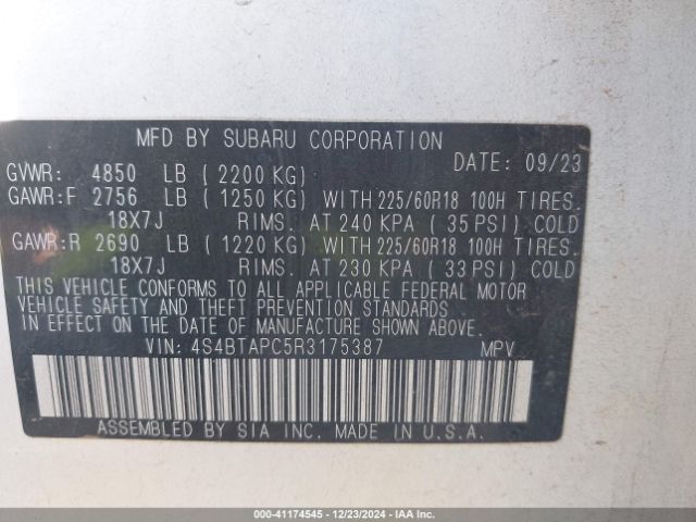 4S4BTAPC5R3175387 Subaru Outback Touring
