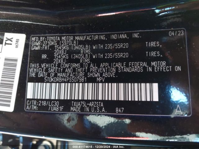 5TDKDRBH4PS507981 Toyota Highlander Xse