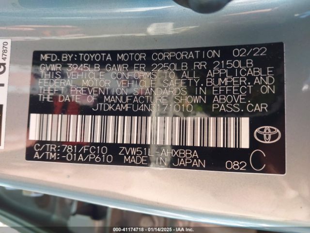 JTDKAMFU4N3171010 Toyota Prius L