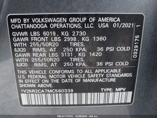 1V2KR2CA7MC560339 Volkswagen Atlas 3.6l V6 Se W/technology