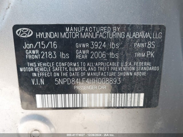 5NPD84LF4HH008893 Hyundai ELANTRA SE