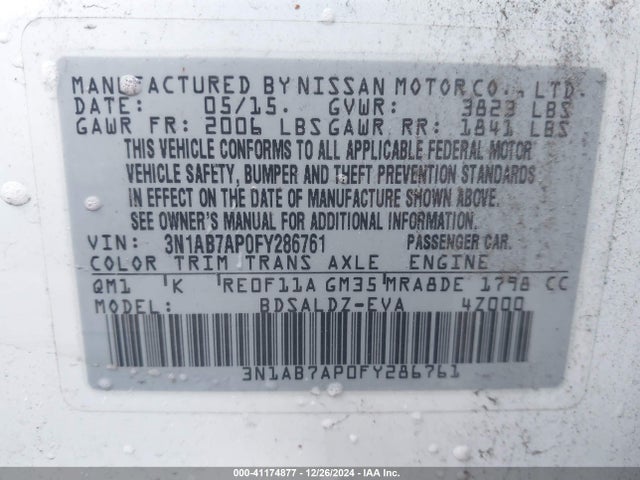 2015 Nissan Sentra Fe+ S/s/sl/sr/sv მანქანა იყიდება აუქციონზე, vin: 3N1AB7AP0FY286761, აუქციონის ნომერი: 41174877