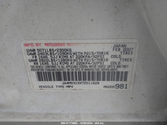 2007 MITSUBISHI OUTLANDER JA4MS31XX7Z011628 Photo 8