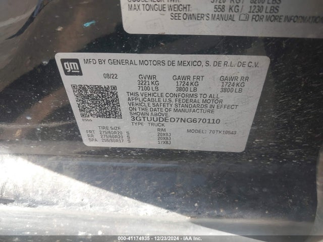 Продажа на аукционе авто 2022 Gmc Sierra 1500 4wd  Short Box Slt, vin: 3GTUUDED7NG670110, номер лота: 41174935