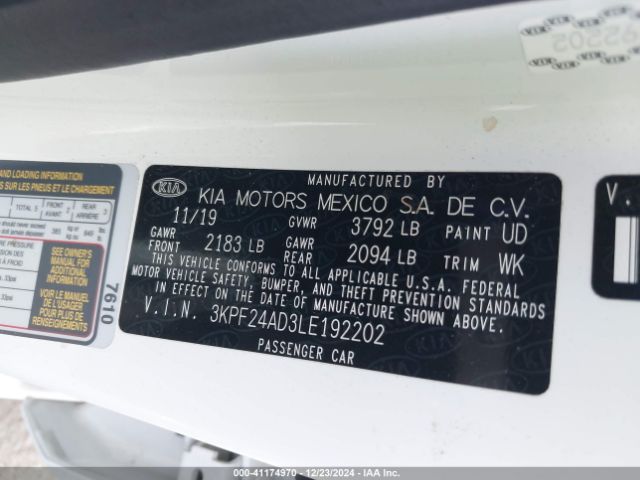 3KPF24AD3LE192202 KIA Forte Lxs