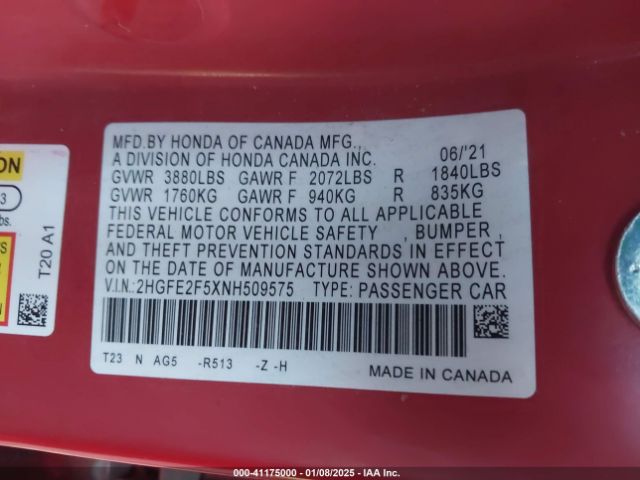 2HGFE2F5XNH509575 Honda Civic Sport