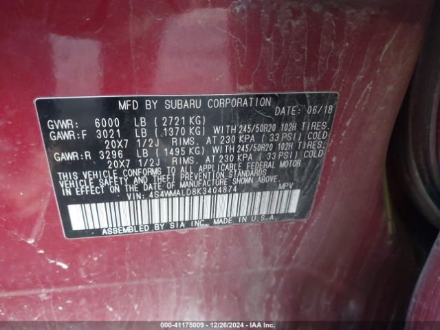 4S4WMALD8K3404874 Subaru Ascent Limited