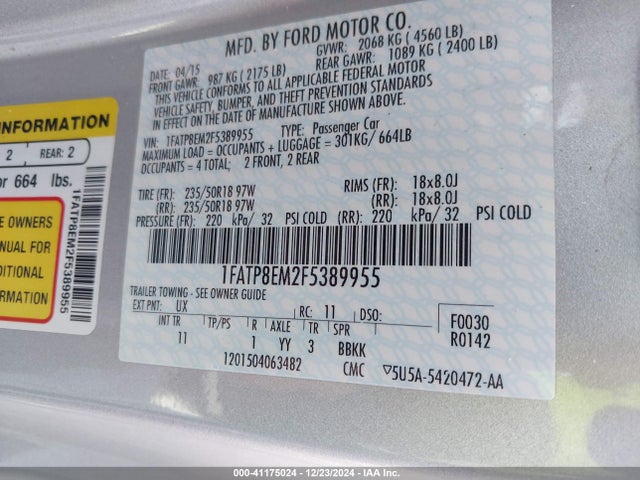 Ford Mustang V6 2015 1FATP8EM2F5389955 Image 9