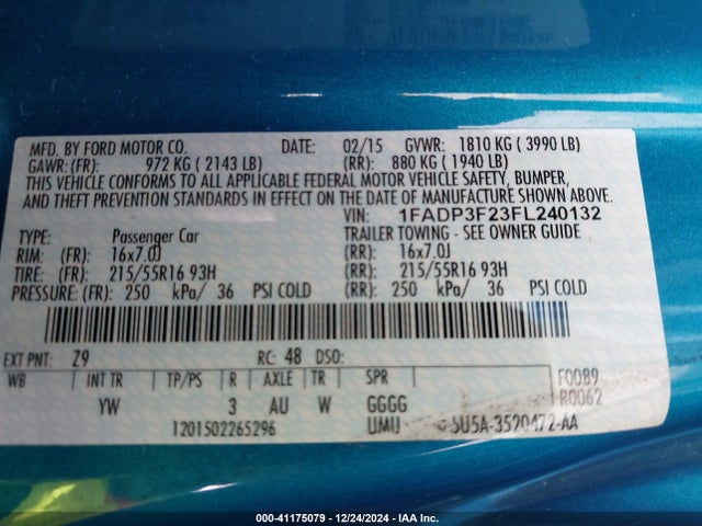 Ford FOCUS SE 2015 1FADP3F23FL240132 Image 9