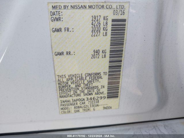 1N4AL3AP0GN346299 Nissan Altima 2.5/2.5 S/2.5 Sl/2.5 Sr/2.5 Sv