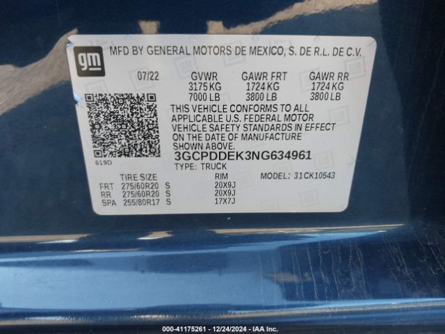 3GCPDDEK3NG634961 Chevrolet Silverado 1500 4wd  Standard Bed Lt