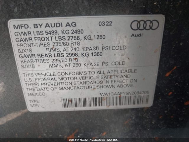 WA1GAAFY5N2094705 Audi Q5 Premium 45 Tfsi S Line Quattro S Tronic