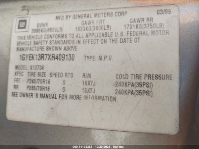 1999 CADILLAC ESCALADE 1GYEK13R7XR409130 Photo 8