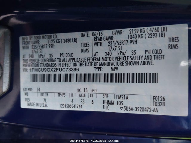 Ford ESCAPE SE 2015 1FMCU9GX2FUC73396 Image 9