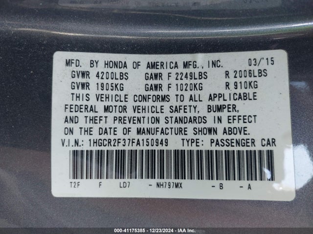 Honda ACCORD LX 2015 1HGCR2F37FA150949 Image 9