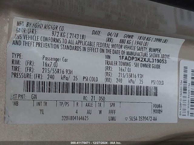 1FADP3K2XJL319053 Ford FOCUS SE
