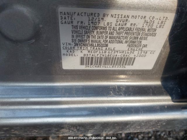 3N1CN8EV6LL853336 Nissan Versa Sv Xtronic Cvt