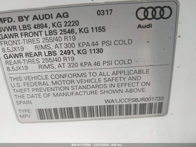 WA1JCCFS6JR001733 Audi Q3 2.0t Premium/2.0t Sport Premium