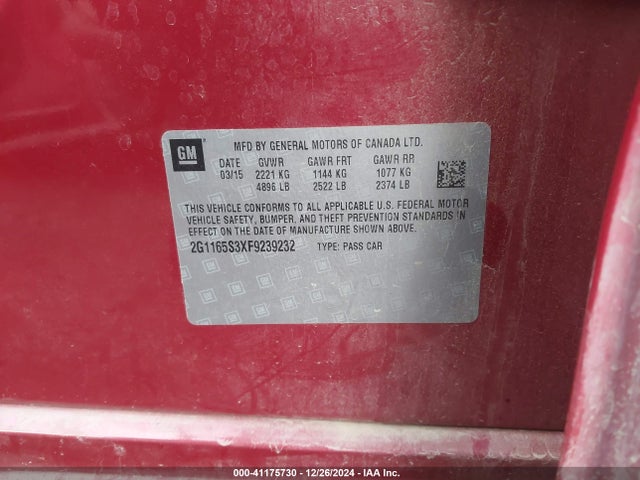 Chevrolet IMPALA 2LZ 2015 2G1165S3XF9239232 Image 9