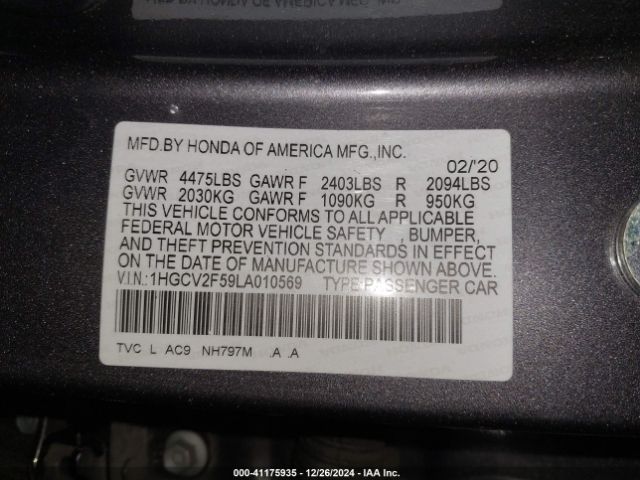 1HGCV2F59LA010569 Honda Accord Ex-l 2.0t