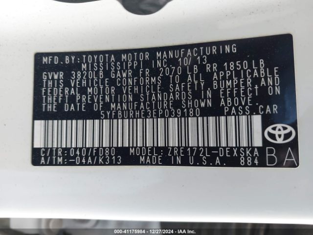 5YFBURHE3EP039180 Toyota Corolla S Plus