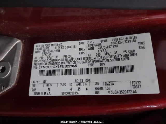 Ford ESCAPE SE 2015 1FMCU9GX6FUB22965 Image 9