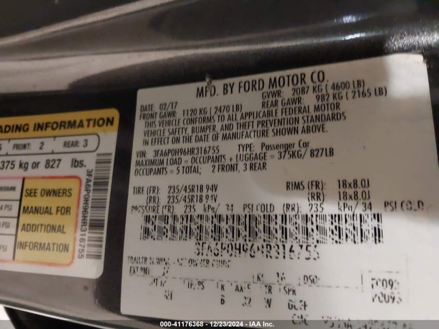 Ford FUSION SE 2017 3FA6P0H96HR316755 Image 9