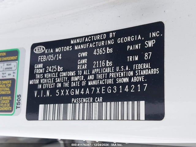 5XXGM4A7XEG314217 KIA Optima Lx