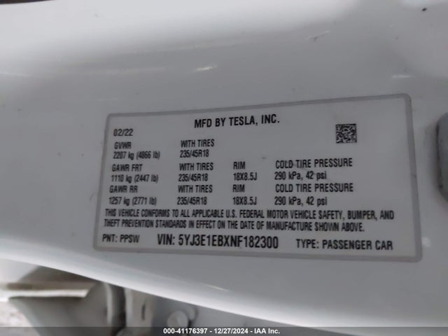2022 TESLA MODEL 3 5YJ3E1EBXNF182300 Photo 8