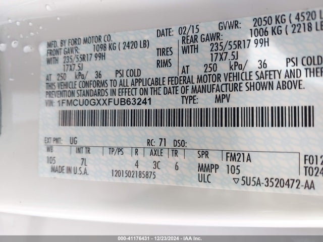 Ford ESCAPE SE 2015 1FMCU0GXXFUB63241 Image 9