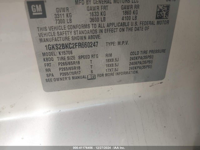 1GKS2BKC2FR660247 GMC YUKON SLT