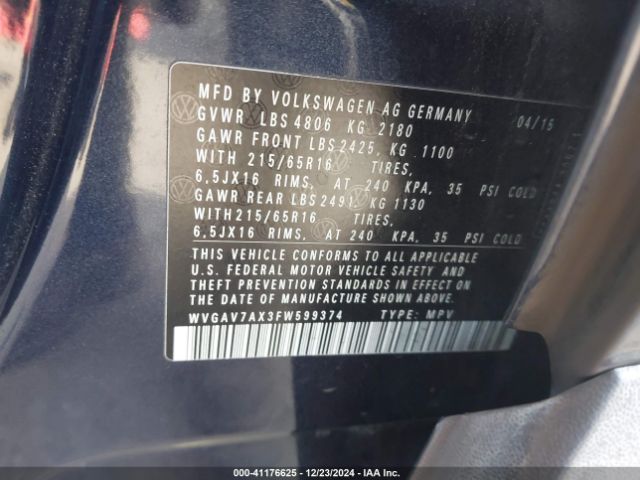 WVGAV7AX3FW599374 Volkswagen TIGUAN S