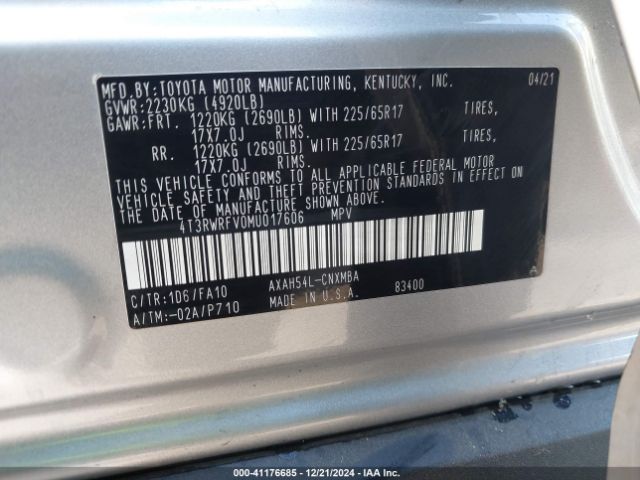 4T3RWRFV0MU017606 Toyota Rav4 Hybrid Xle