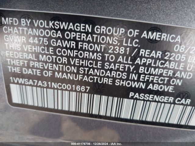 1VWSA7A31NC001667 Volkswagen Passat 2.0t Se