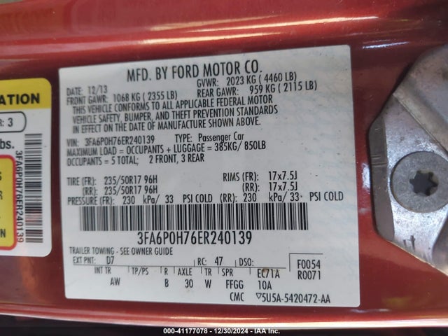 Ford FUSION SE 2014 3FA6P0H76ER240139 Image 9