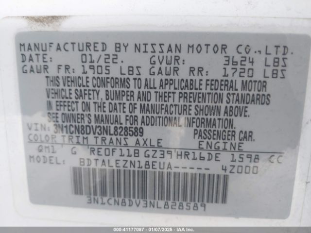 3N1CN8DV3NL828589 Nissan Versa 1.6 S Xtronic Cvt