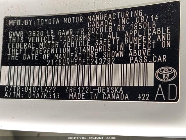 2T1BURHE0FC243792 Toyota Corolla S Premium