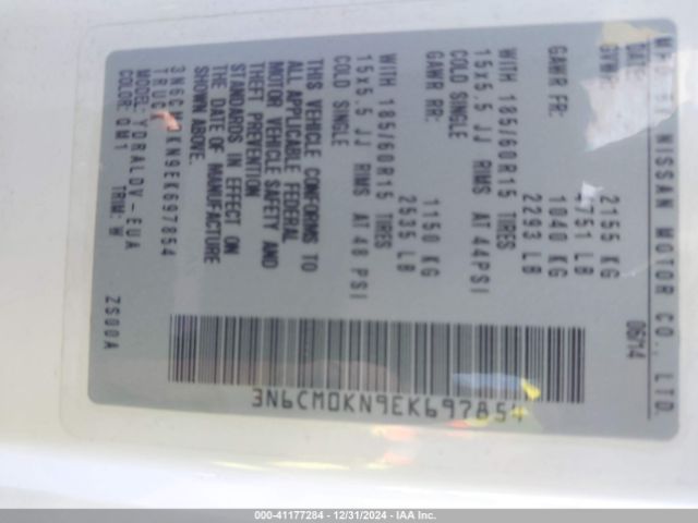 3N6CM0KN9EK697854 Nissan Nv200 S