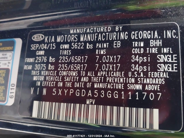5XYPGDA53GG111707 KIA Sorento 3.3l Lx