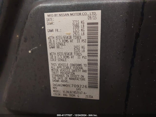 Nissan Pathfinder S 2015 5N1AR2MM0FC709226 Image 9
